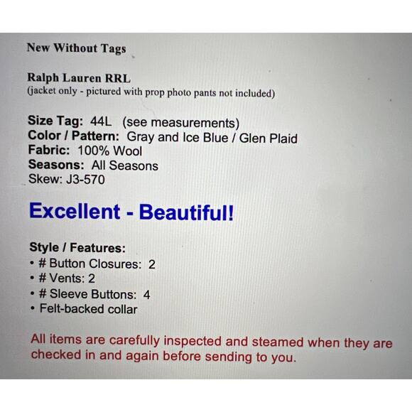 New WOT Ralph Lauren RRL 44L Gray and Ice Blue Glen Plaid Blazer Suit Jacket - Picture 2 of 16